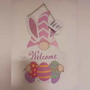 COPY - Wood Easter Bunny Gnome & Eggs Welcome Hanging Wall Door or Wreath Sign